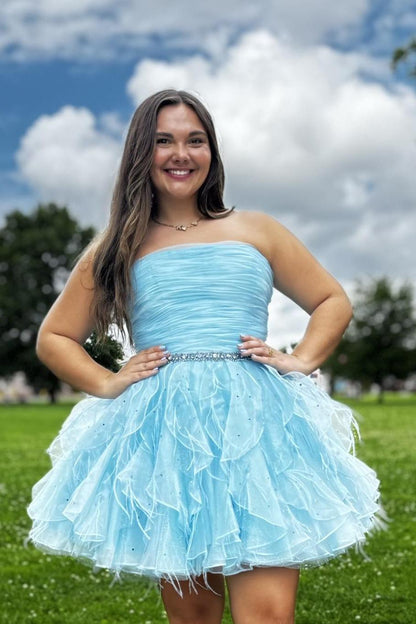 Strapless Ruched Tiered Ruffle Mini Dress