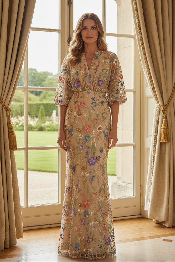 Floral Embroidered Mesh Gown with V-Neck & 3/4 Sleeves
