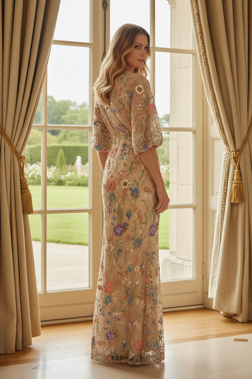 Floral Embroidered Mesh Gown with V-Neck & 3/4 Sleeves