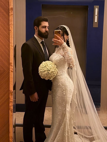 High Neck Lace Mermaid Wedding Dress with Long Sleeves