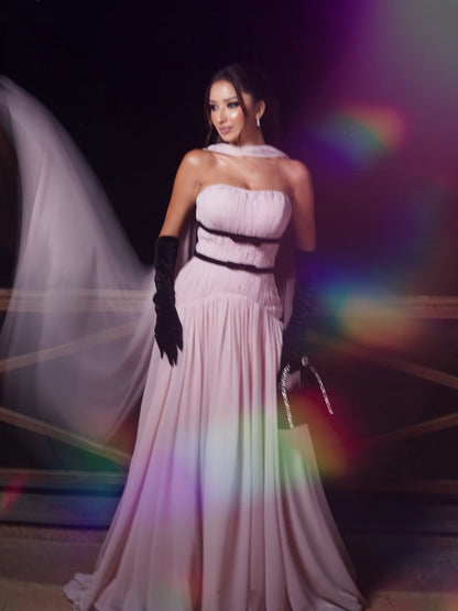 Strapless Pleated Gown with Bow Accent & Scarf
