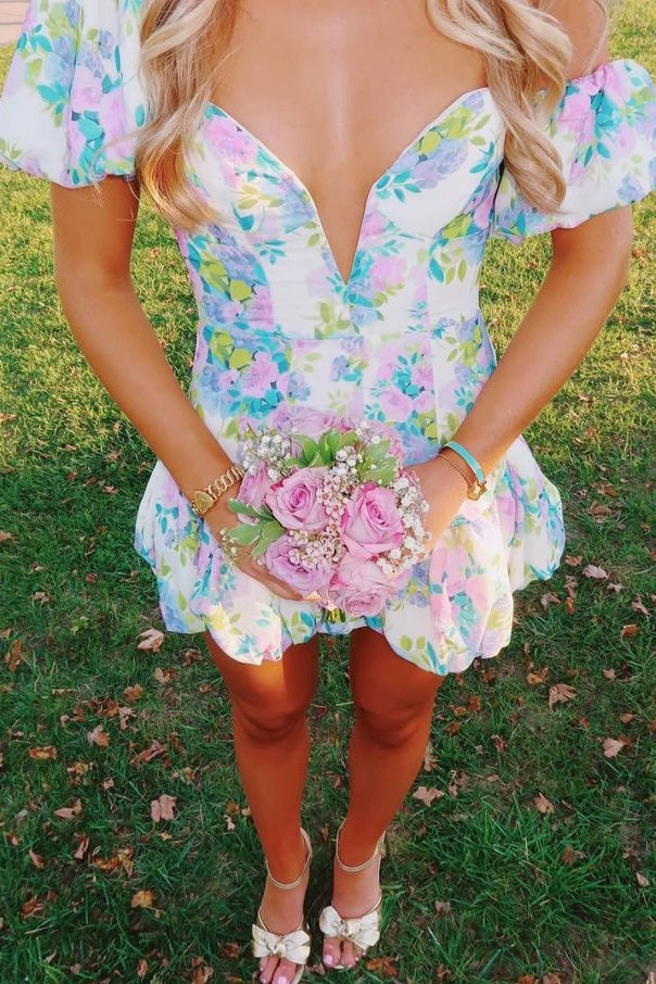 Floral Puff Sleeve Mini Dress with Bubble Skirt