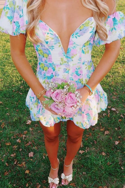 Floral Puff Sleeve Mini Dress with Bubble Skirt