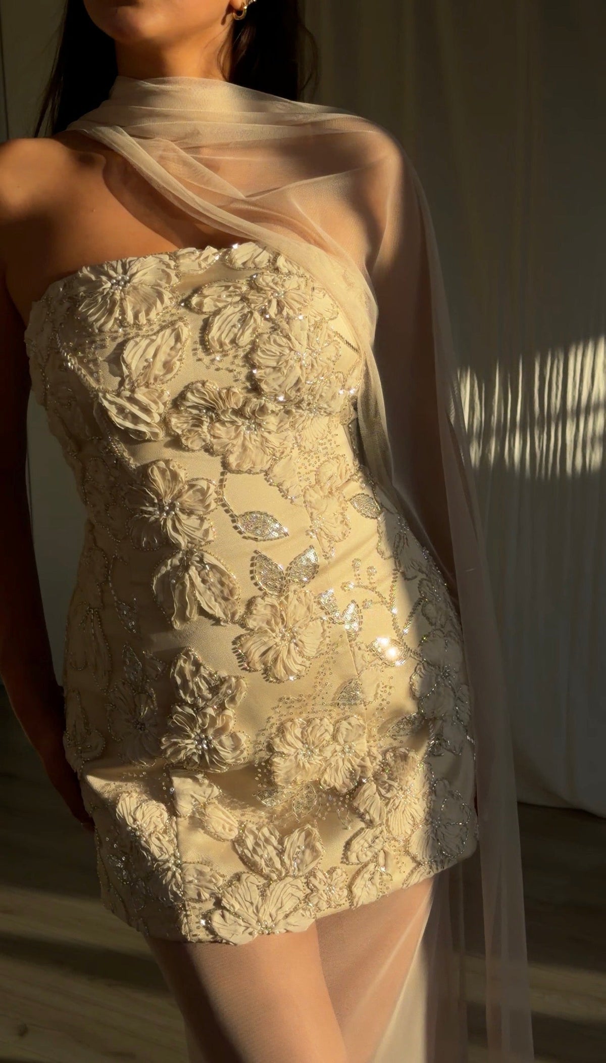 Floral Applique Gown with Sheer Skirt & Cape