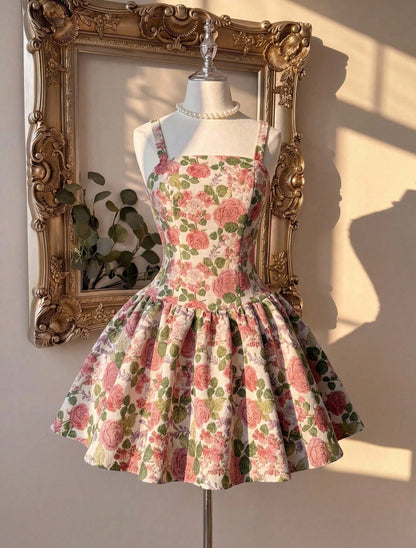 Square Neck Floral Jacquard Fit and Flare Mini Dress