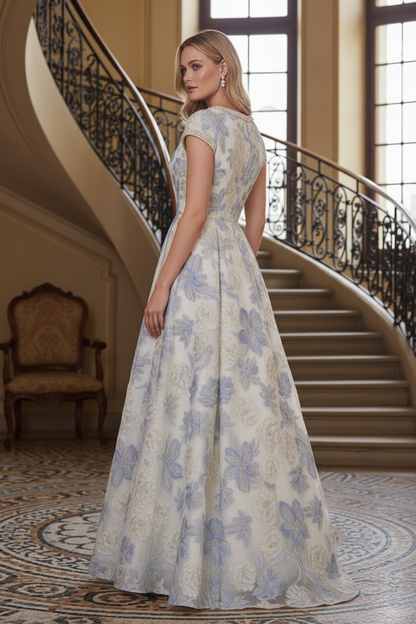 Pearl-Trimmed Floral Jacquard A-Line Maxi Dress