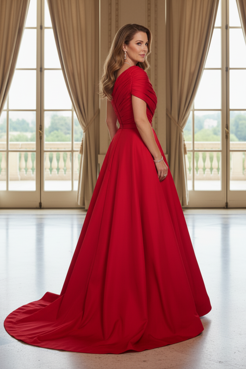 One-Shoulder Pleated Bodice Ball Gown with Belt