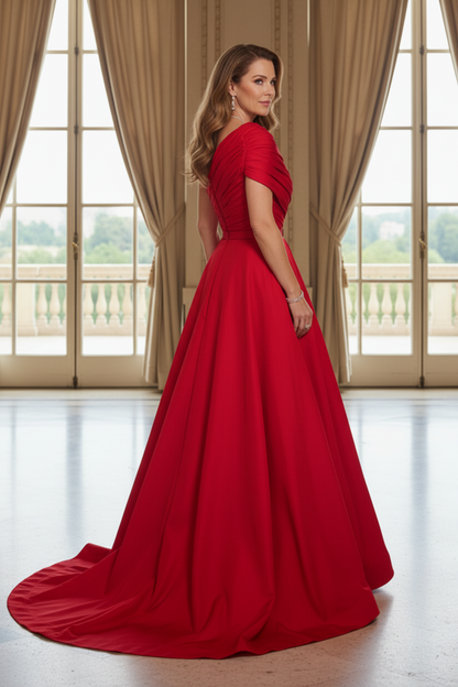 One-Shoulder Pleated Bodice Ball Gown with Belt