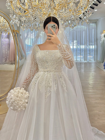Square Neck Long Sleeve Beaded Ball Gown Wedding Dress