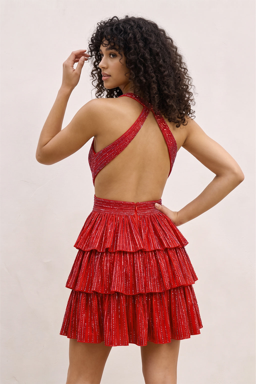 Sequin Halter Neck Cut-Out Tiered Mini Dress