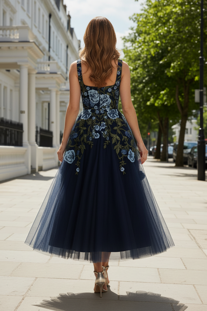 Floral Embroidered Tea-Length Tulle Dress