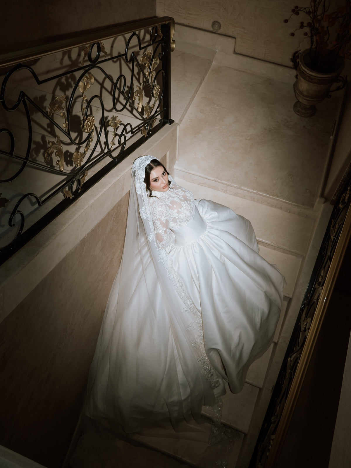 High Neck Lace Bodice Satin Ball Gown Wedding Dress