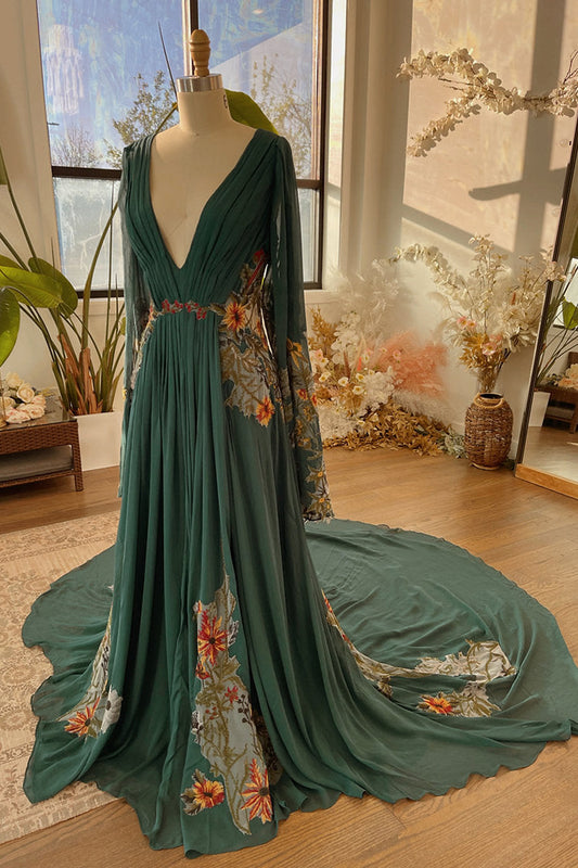 Boho Floral Embroidered V-Neck Chiffon Gown with Train