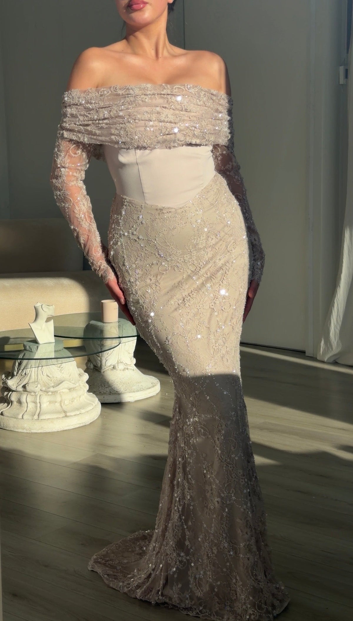 Off-the-Shoulder Sequin Lace Corset Gown