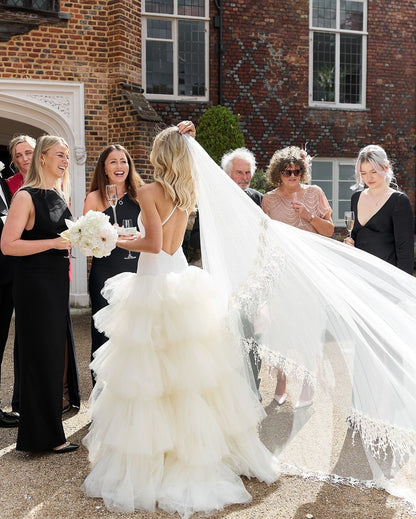 Tiered Tulle Halter Open Back Wedding Dress