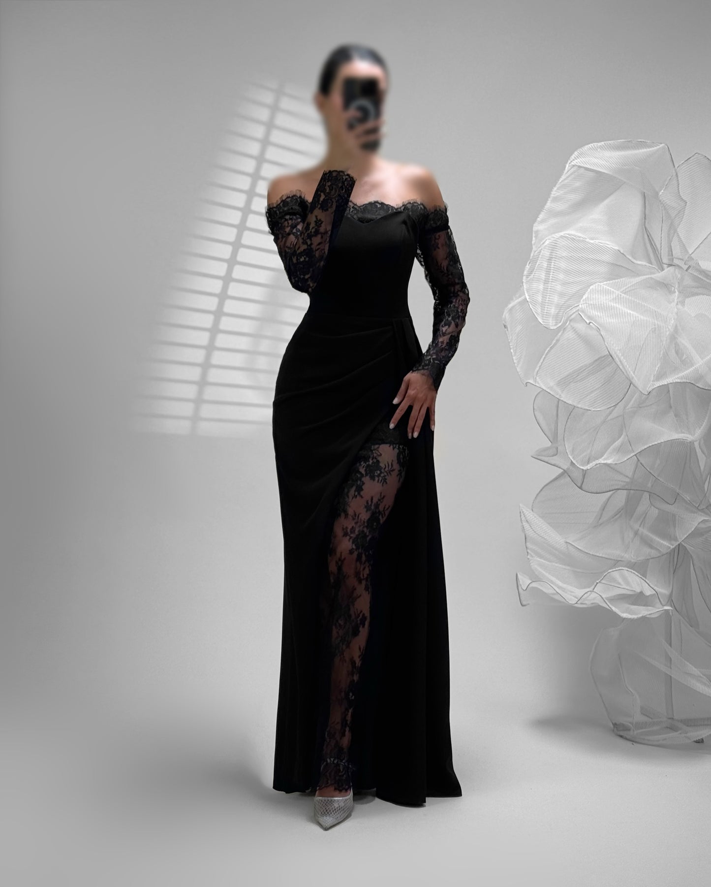 Off-the-Shoulder Lace Sleeve Satin Gown with High Slit