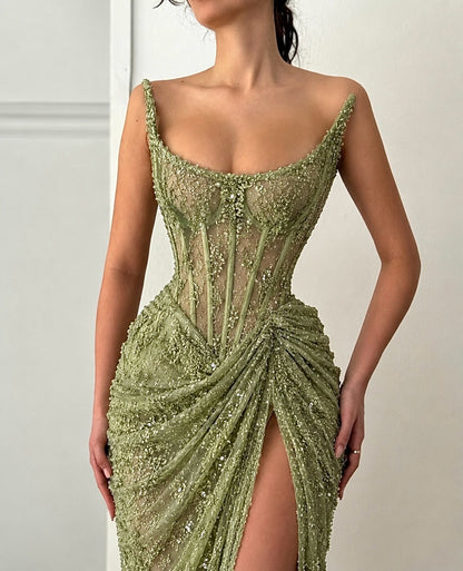 Beaded Corset Evening Gown with High Slit