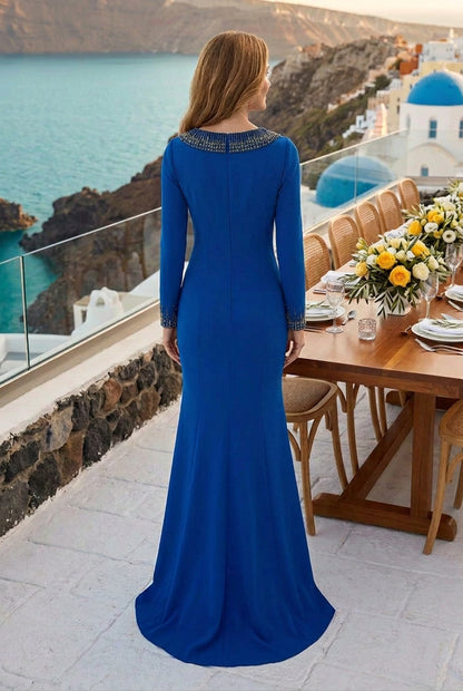 Beaded Neckline Long Sleeve Mermaid Evening Gown