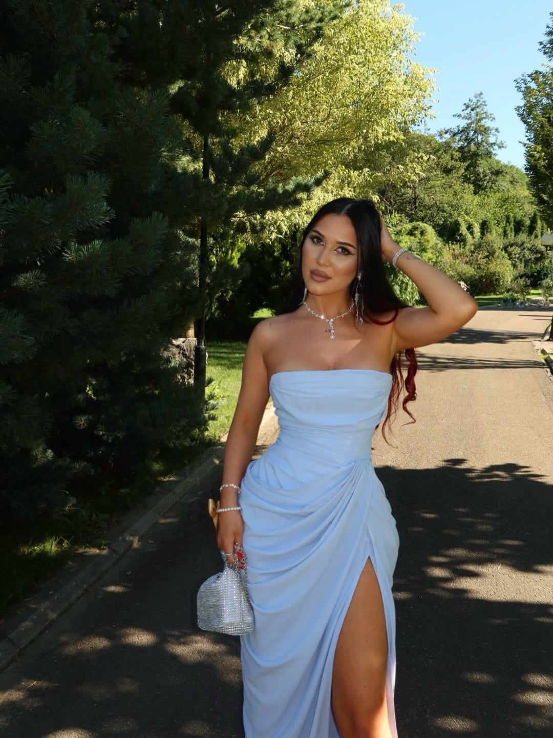 Strapless Sweetheart Ruched High Slit Evening Gown