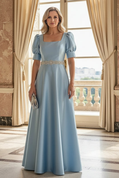 Blue Satin A-Line Gown with Puff Sleeves & Beaded Belt