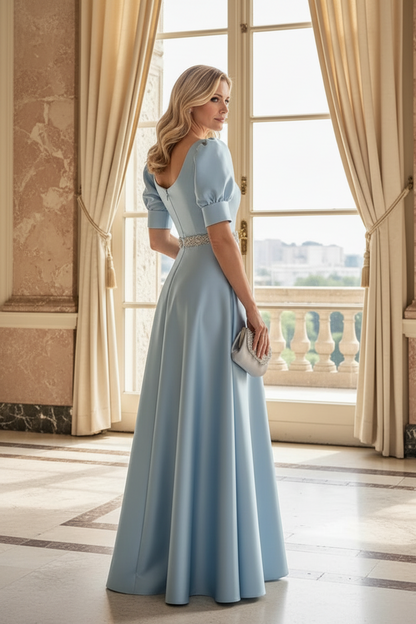 Blue Satin A-Line Gown with Puff Sleeves & Beaded Belt