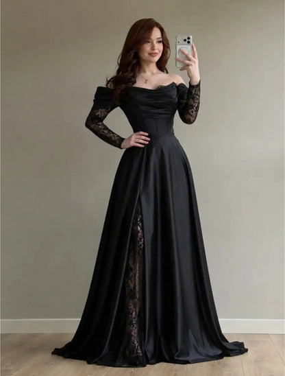Off-Shoulder Corset Gown with Lace Underlay Slit