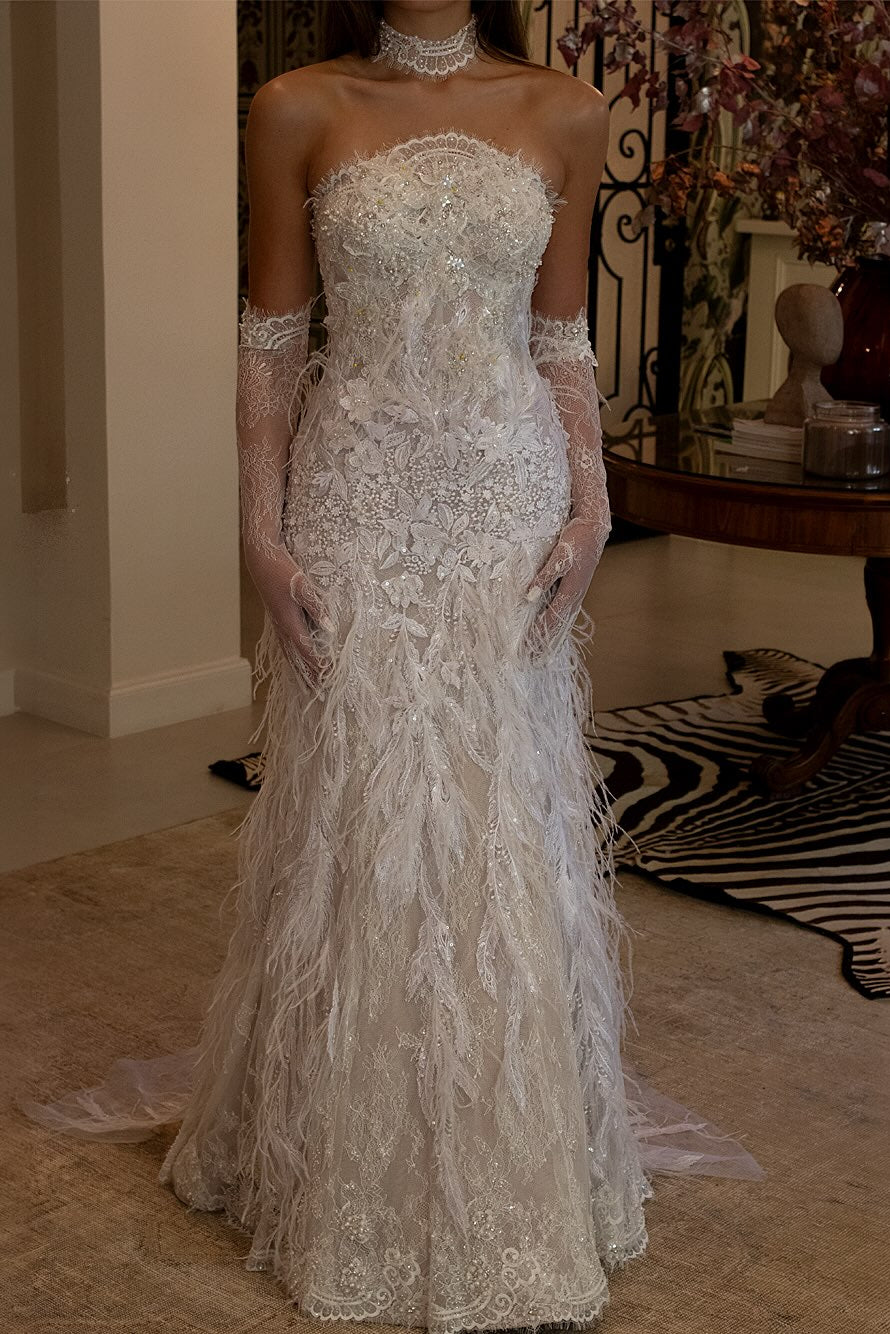 Strapless Feather Embellished Lace Wedding Dress