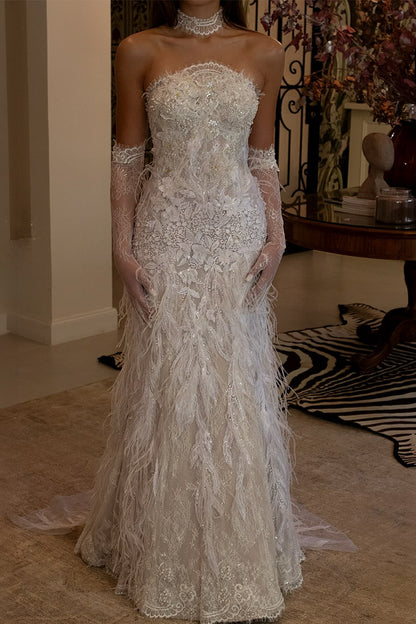 Strapless Feather Embellished Lace Wedding Dress