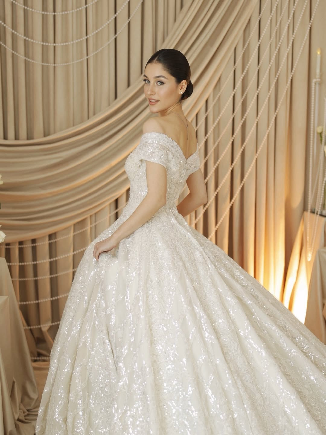 Off-the-Shoulder Sparkly Ball Gown Wedding Dress
