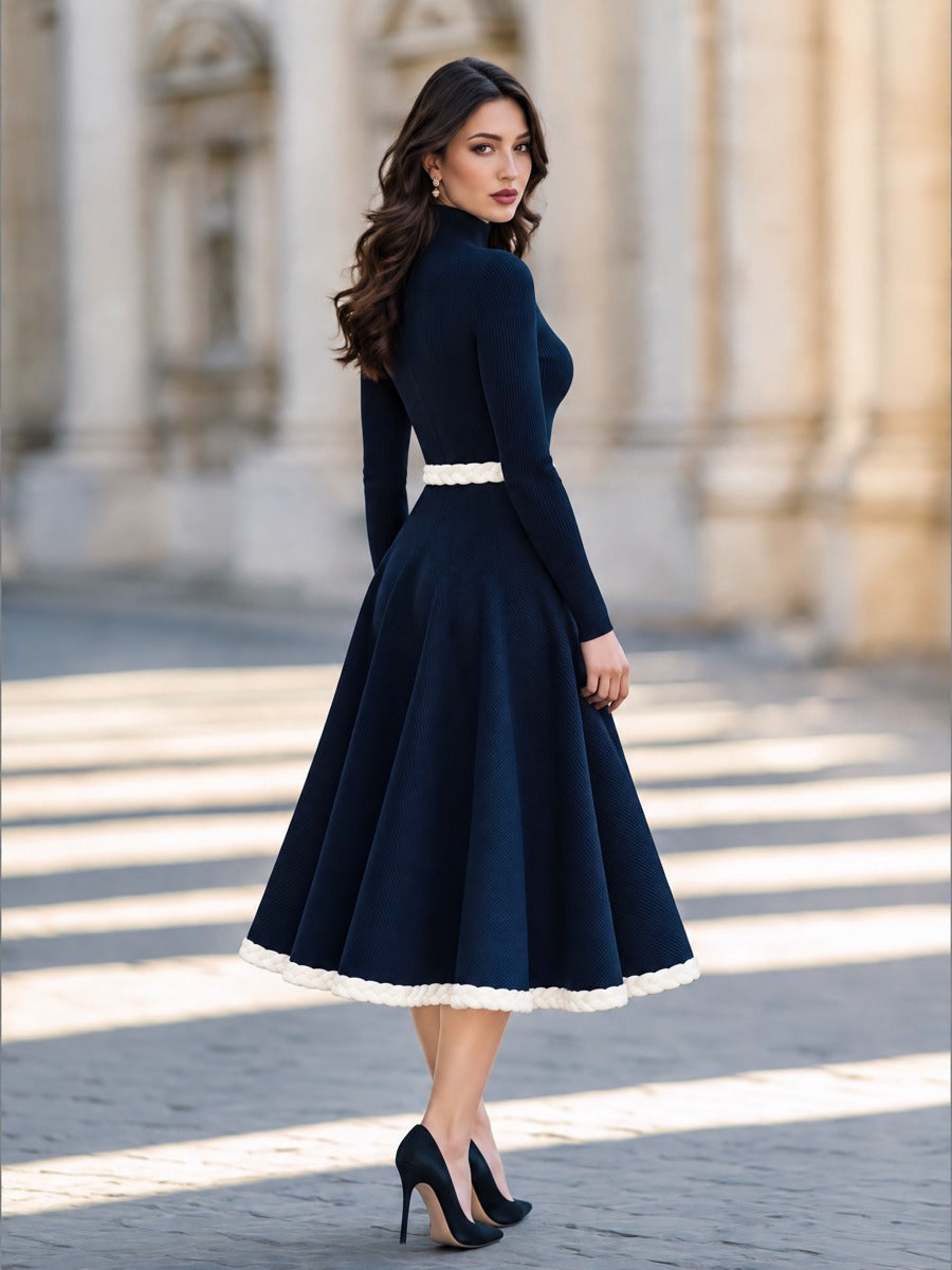 Ribbed Knit Turtleneck Midi Dress with Braided Trim
