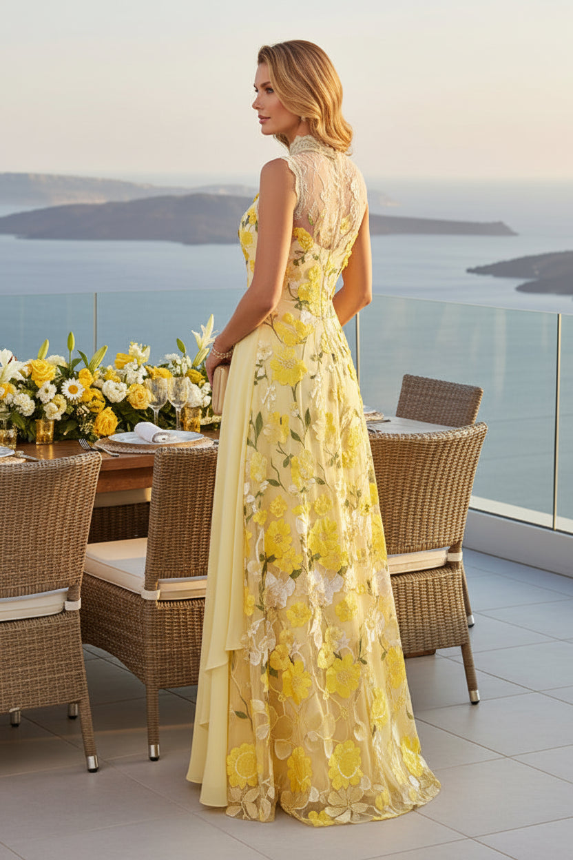 Floral Embroidered High Neck A-Line Gown