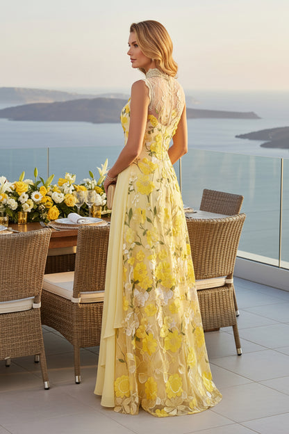 Floral Embroidered High Neck A-Line Gown