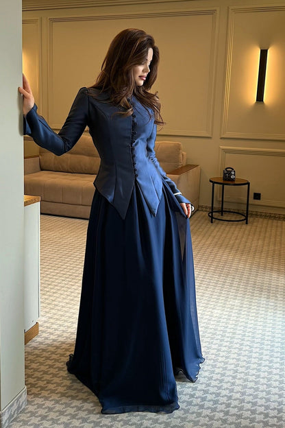 Long Sleeve Button-Front Peplum Evening Gown
