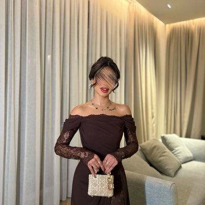 Off-Shoulder Lace Sleeve Evening Gown