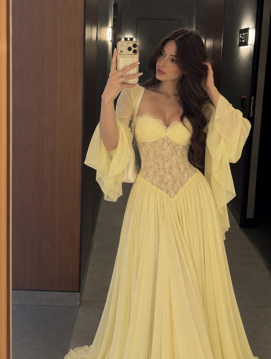 Lace Corset A-Line Gown with Flowing Bell Sleeves