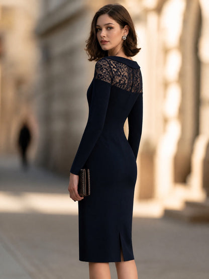 Lace Yoke Long Sleeve Midi Sheath Dress
