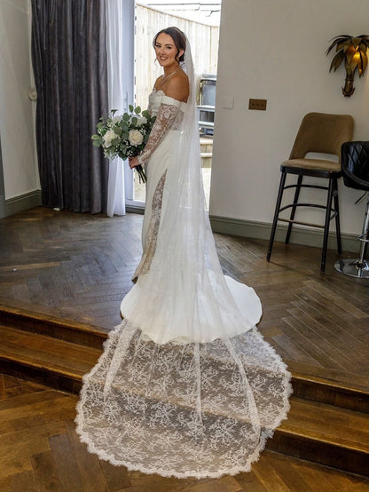 Off-the-Shoulder Lace Sleeve Wedding Dress with Slit