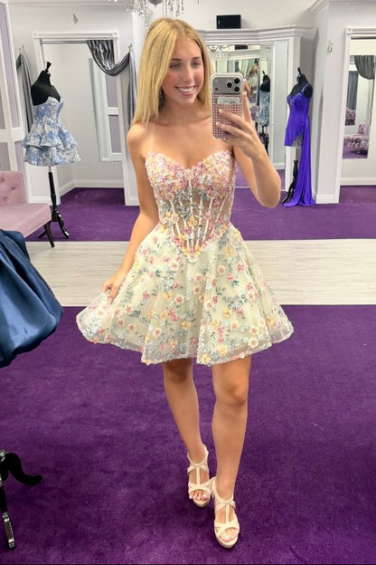 Strapless 3D Floral Corset A-Line Mini Dress