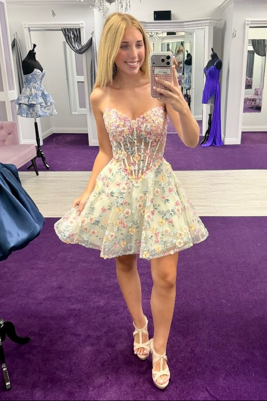 Strapless 3D Floral Corset A-Line Mini Dress