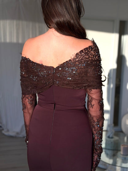 Off-the-Shoulder Beaded Lace Maxi Dress