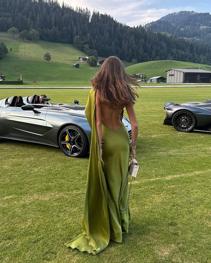 One Shoulder Satin Cape Backless Gown
