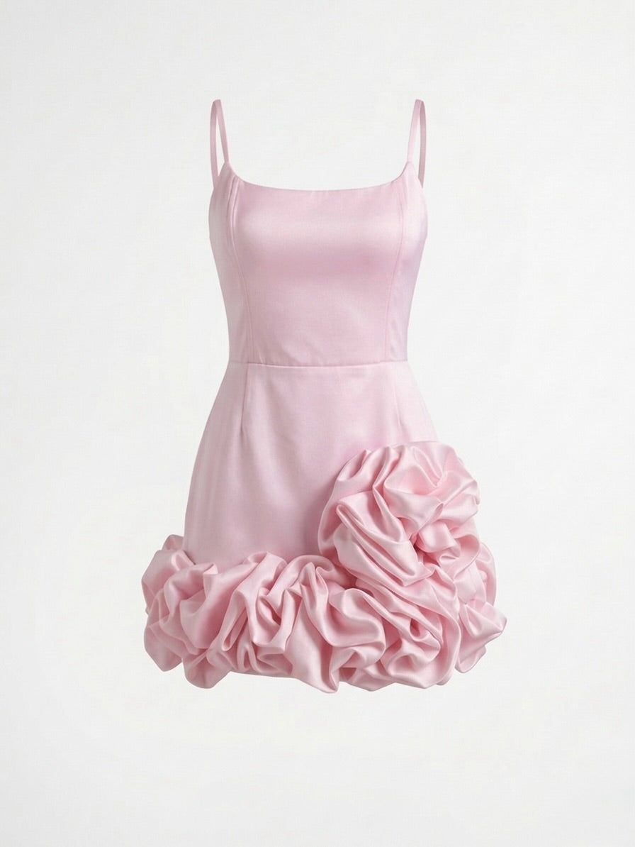 Satin Corset Mini Dress with 3D Flower Ruffles