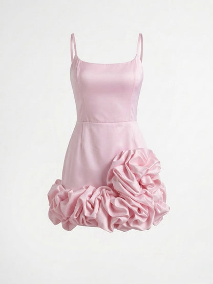 Satin Corset Mini Dress with 3D Flower Ruffles