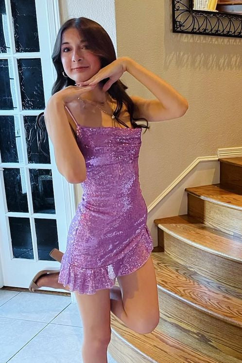Sequin Cowl Neck Mini Dress with Ruffle Hem