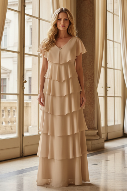 Tiered Floor-Length Gown with Flutter Sleeves