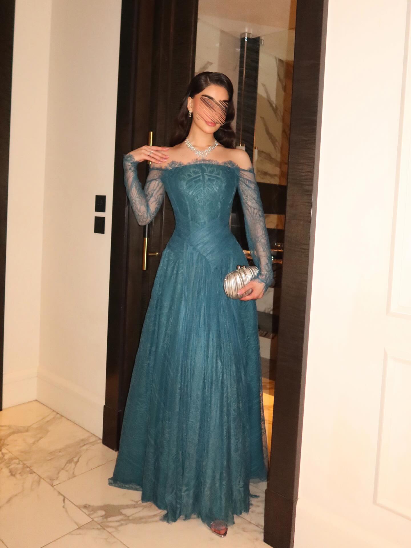 Off-Shoulder Lace Long Sleeve Evening Gown