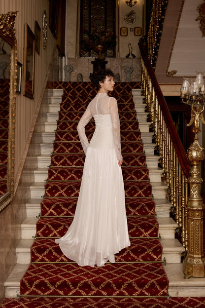 High-Neck Lace Long Sleeve Wedding Dress