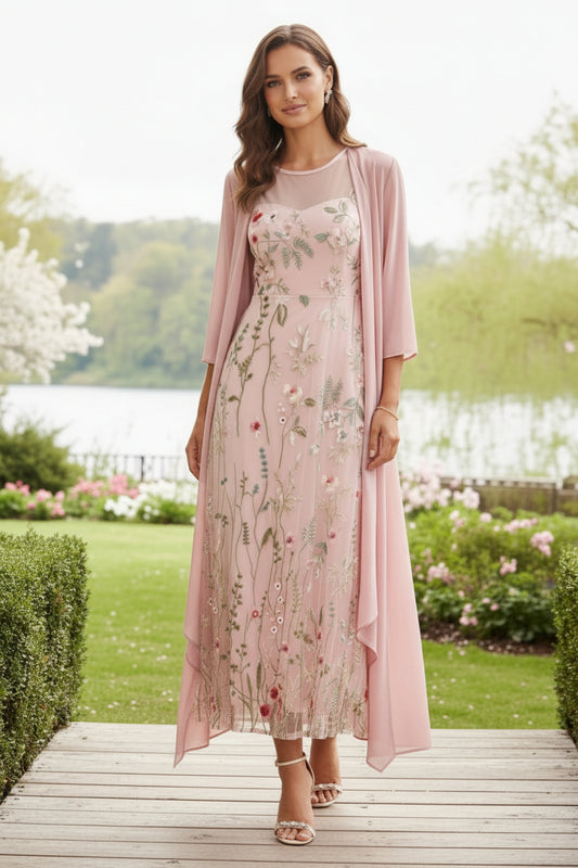 Pink Floral Embroidered Mesh Two-Piece Midi Dress with Chiffon Cardigan