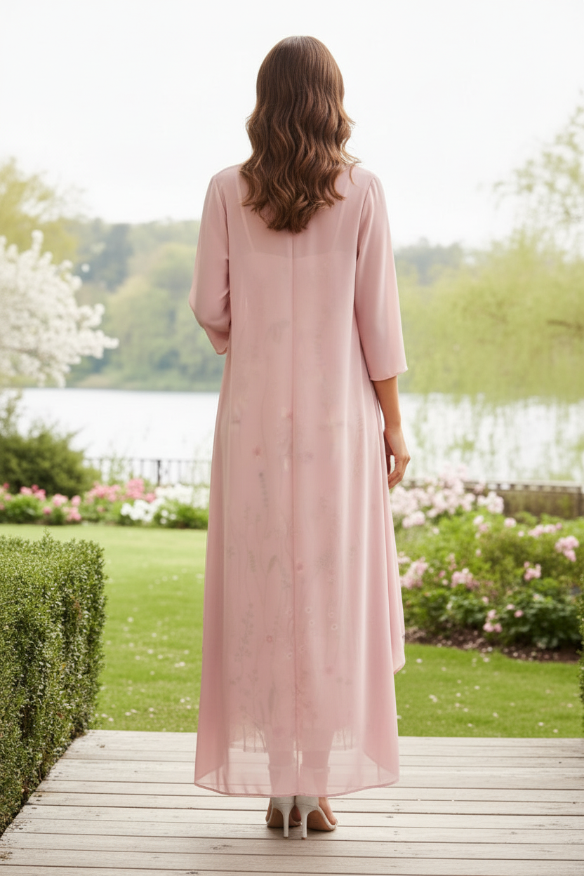 Pink Floral Embroidered Mesh Two-Piece Midi Dress with Chiffon Cardigan