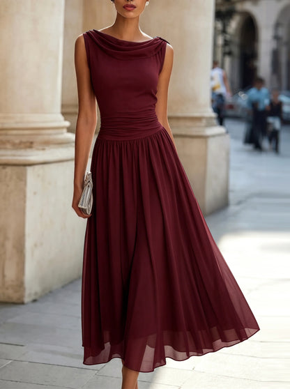 Cowl Neck Ruched Waist Chiffon Midi Dress